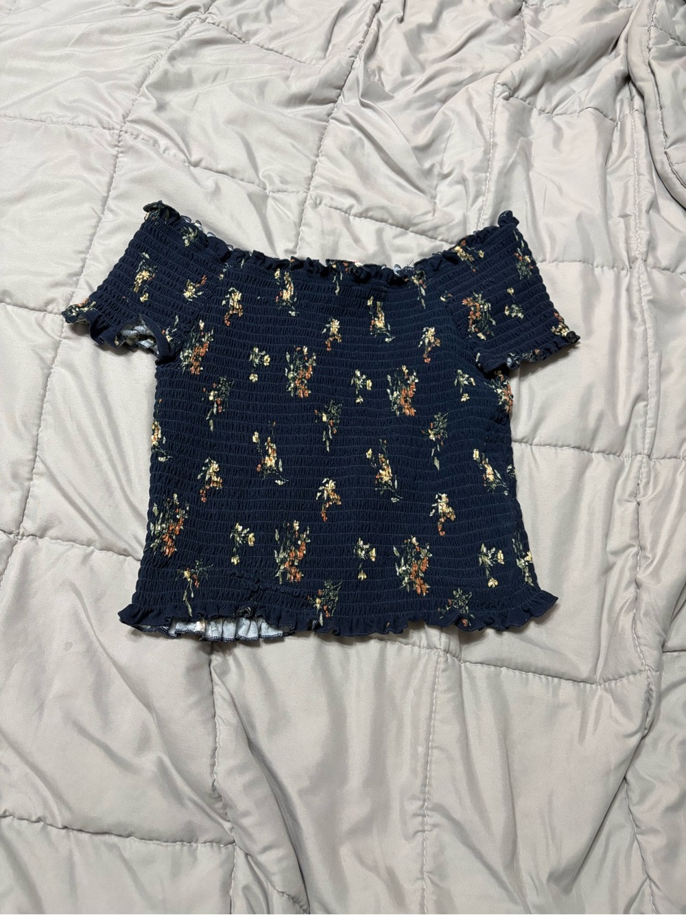 Wishful Park Navy Floral Smocked Off-Shoulder Crop Top